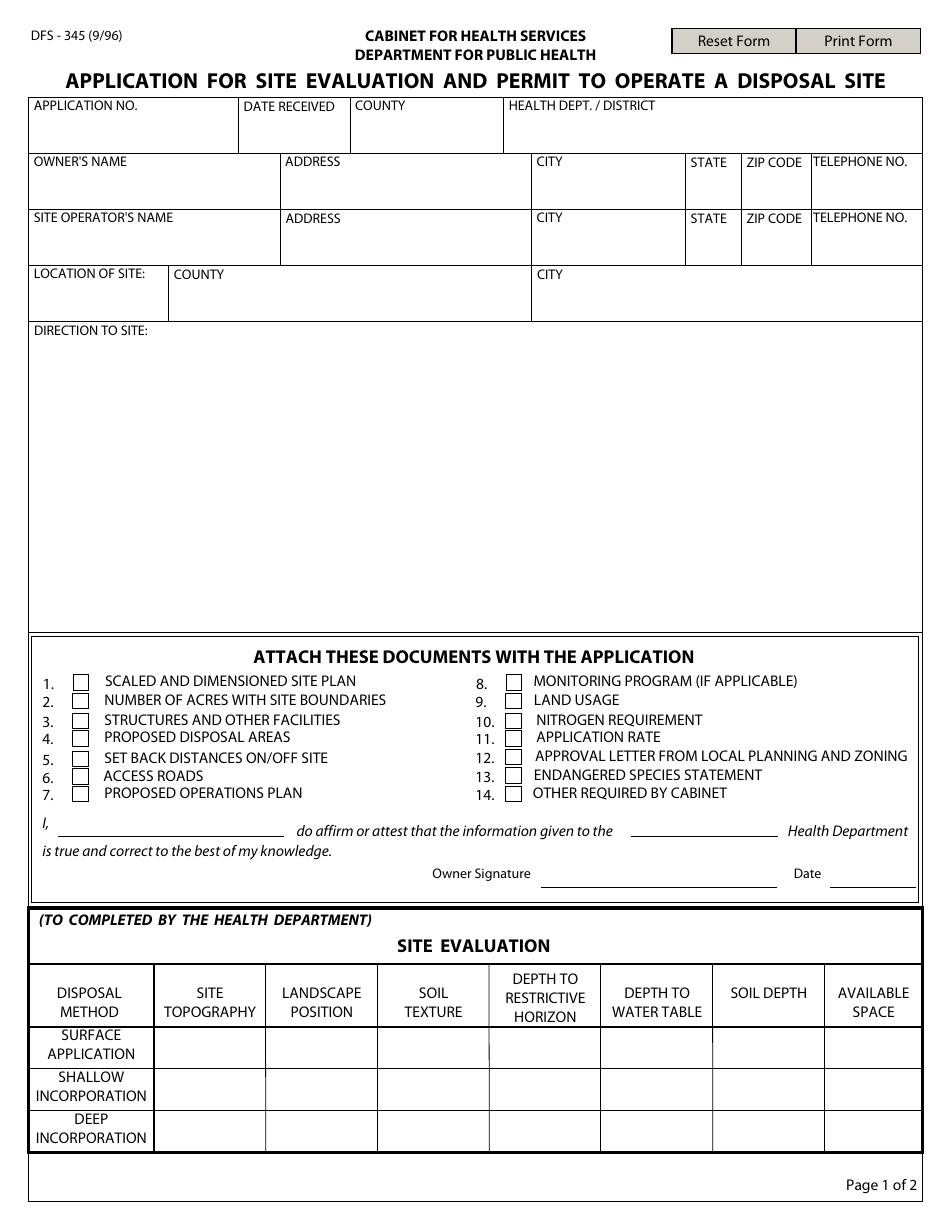 Form DFS-345 Application for Site Evaluation and Permit to Operate a Disposal Site - Kentucky, Page 1