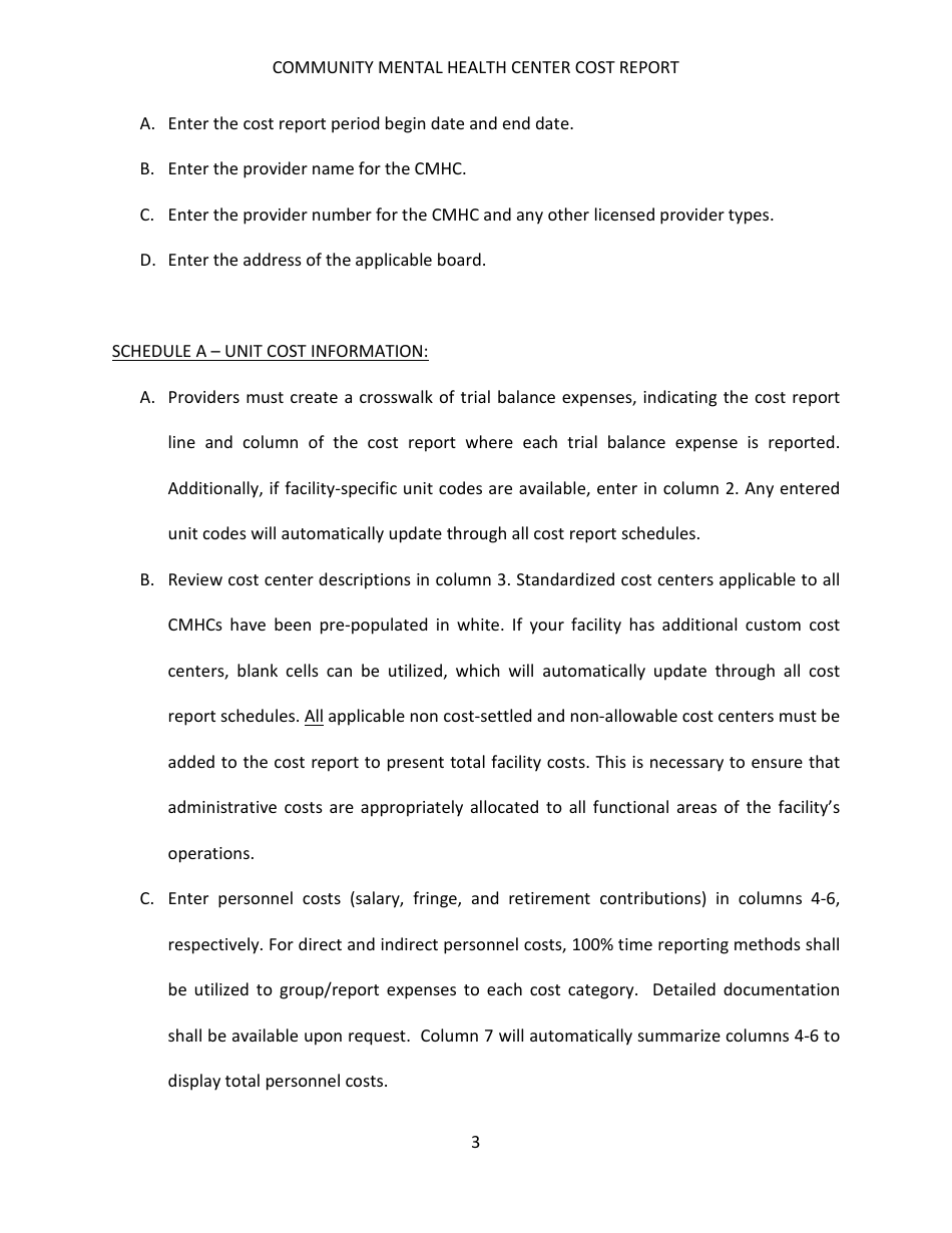 Instructions for Community Mental Health Center Cost Report - Kentucky, Page 3