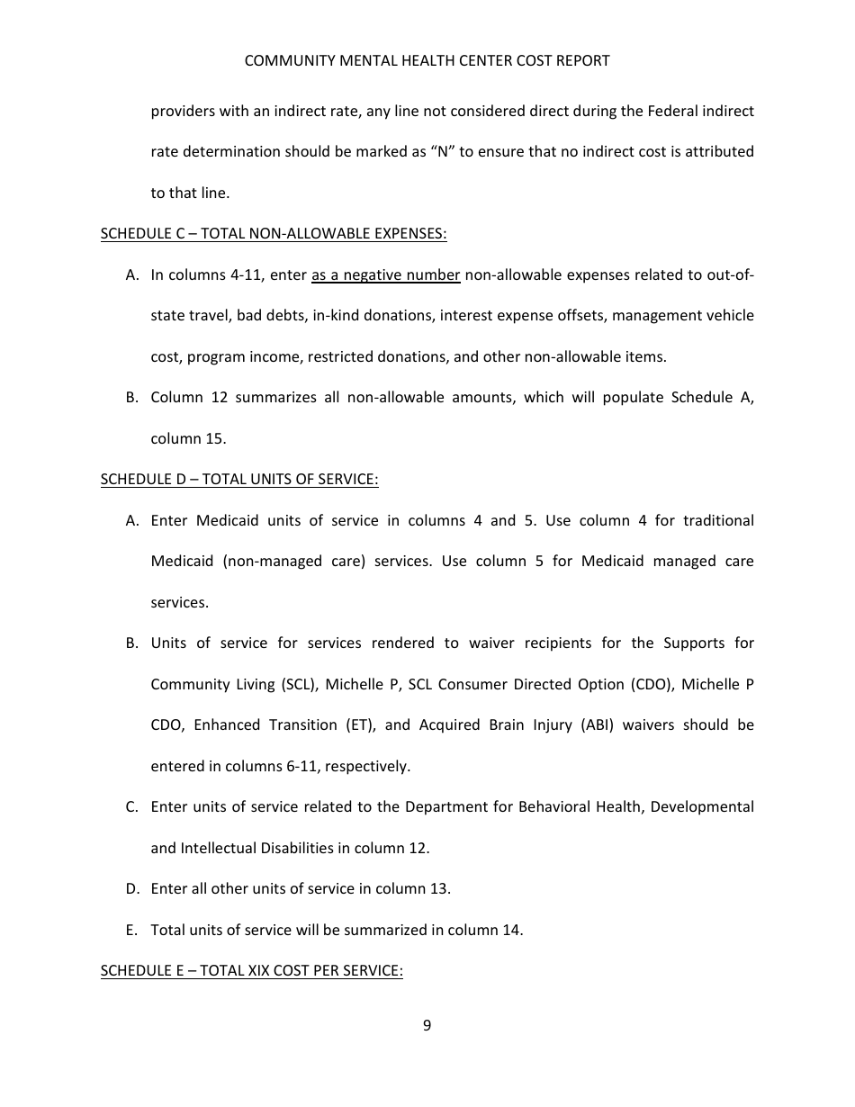 Instructions for Community Mental Health Center Cost Report - Kentucky, Page 9