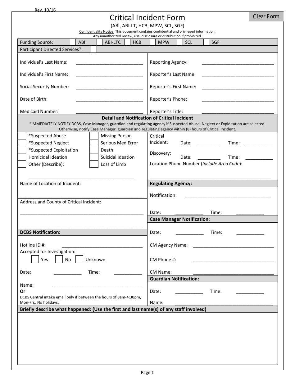 Critical Incident Form - Kentucky, Page 1