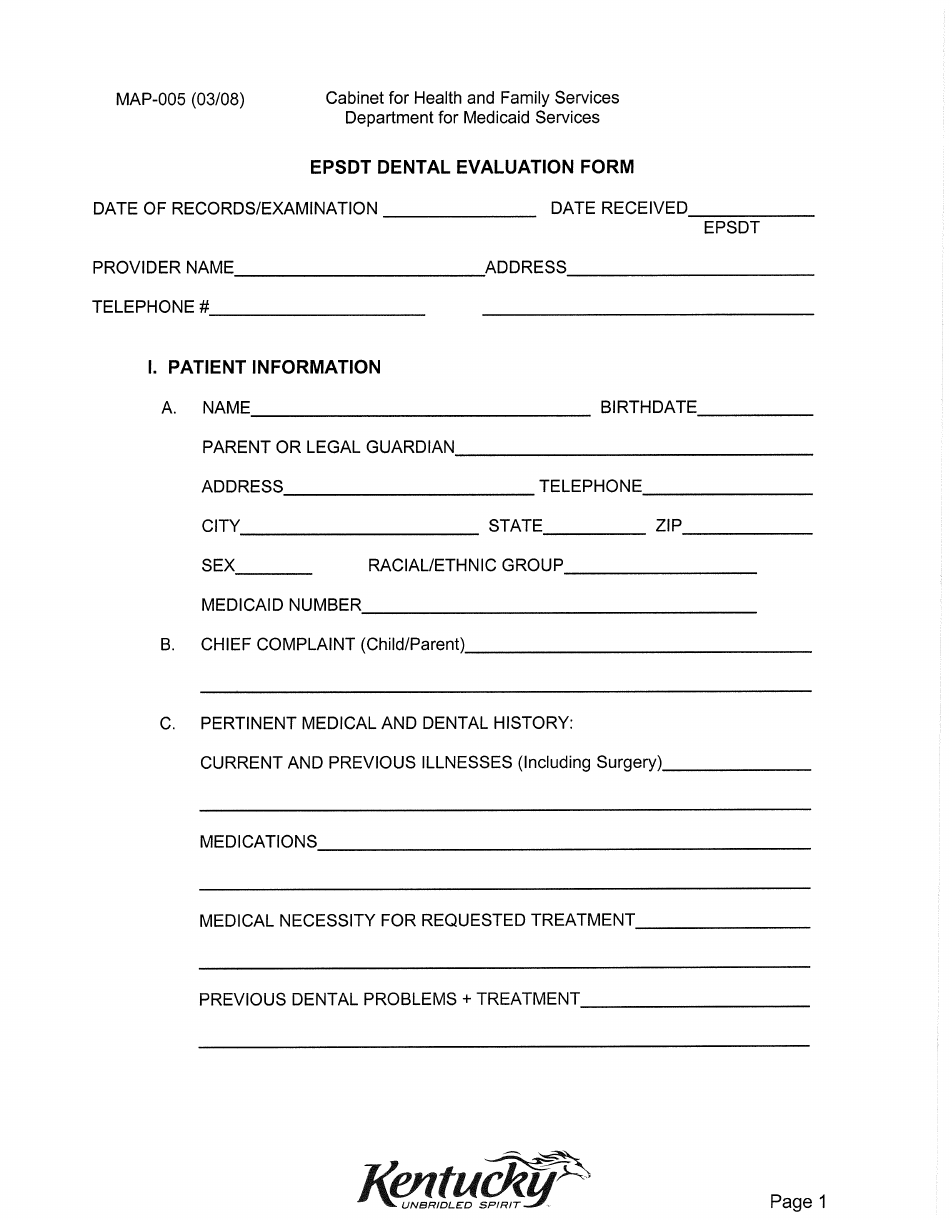 Form MAP-005 Epsdt Dental Evaluation Form - Kentucky, Page 1
