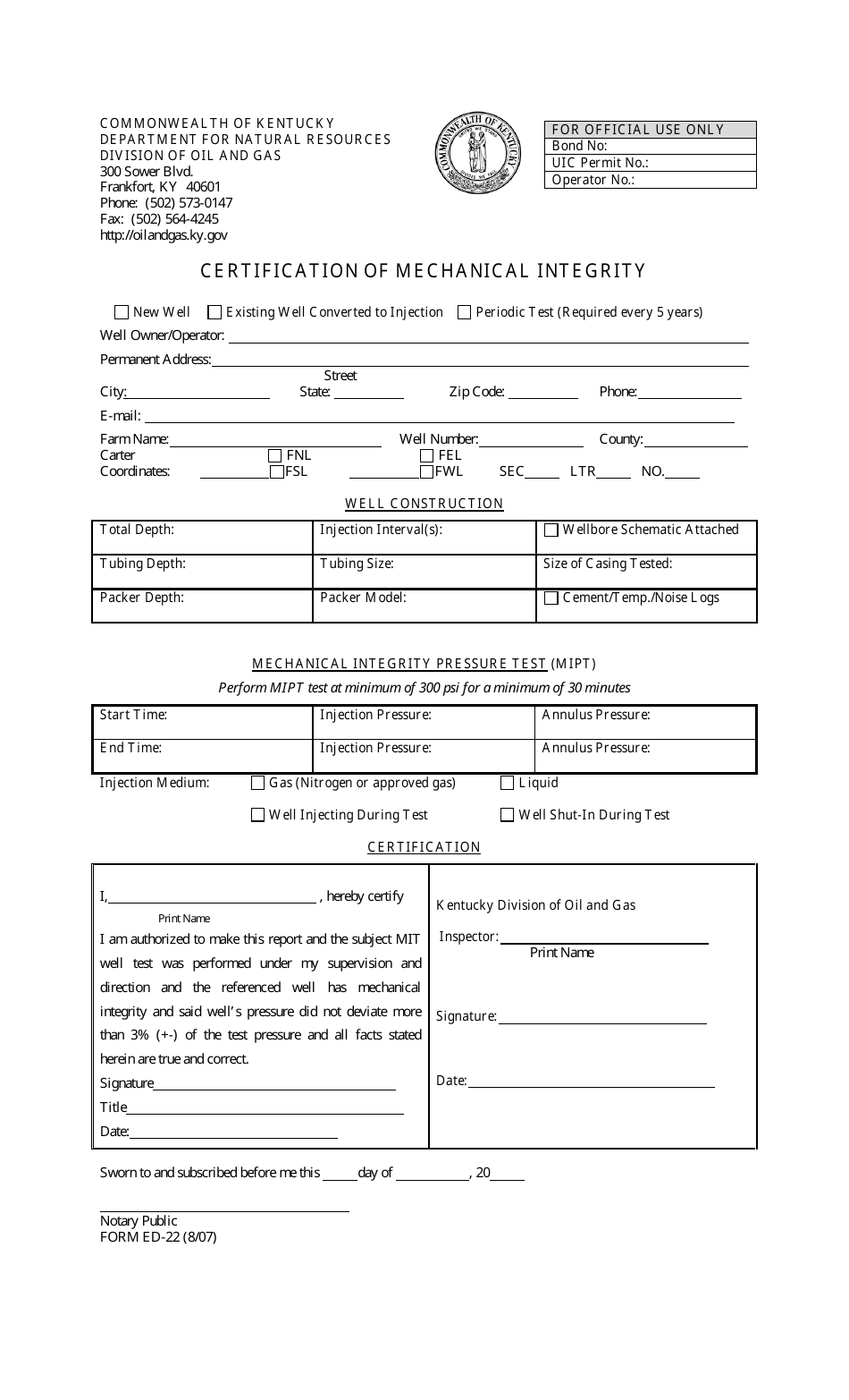 Form ED-22 Certification of Mechanical Integrity - Kentucky, Page 1