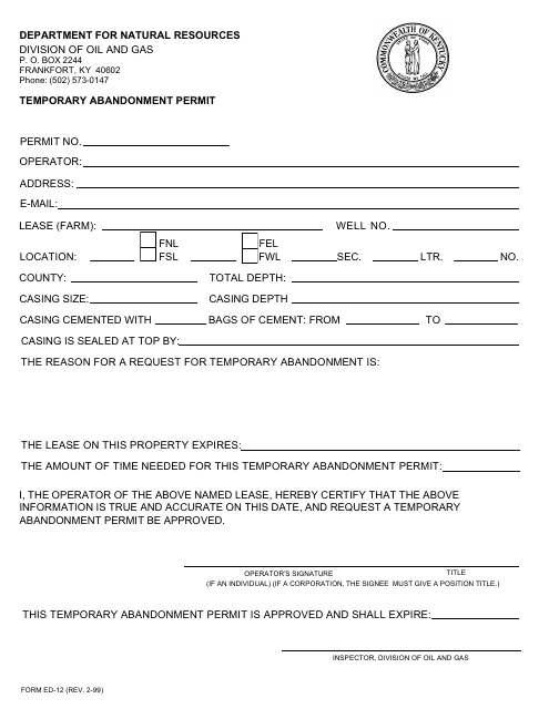 Form ED-12 Temporary Abandonment Permit - Kentucky