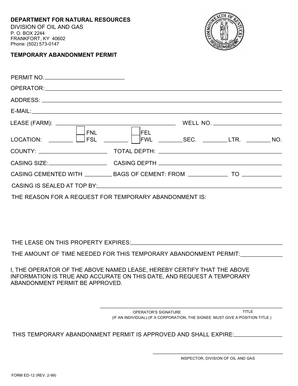 Form ED-12 Temporary Abandonment Permit - Kentucky, Page 1