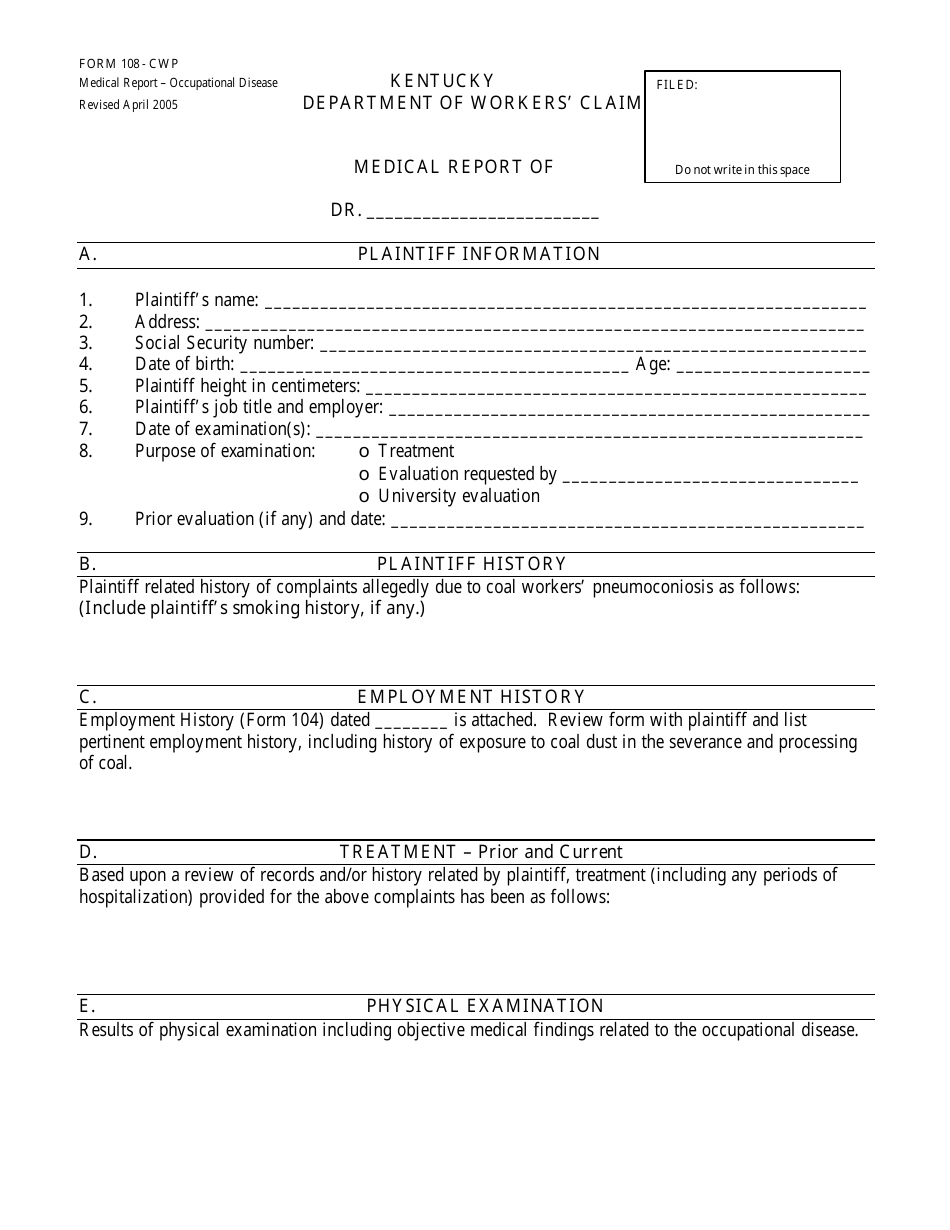 Form 108-CWP Medical Report - Kentucky, Page 1