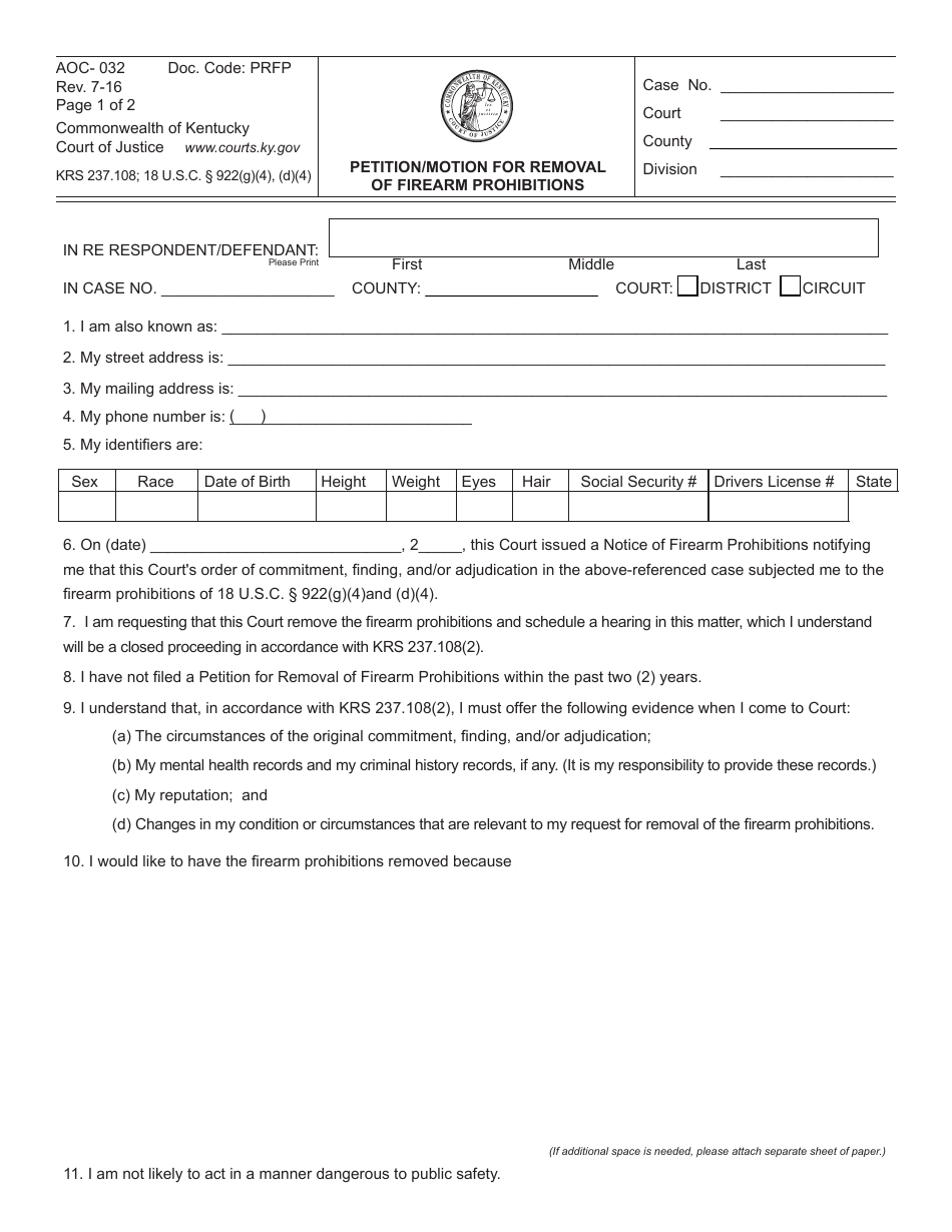 Form AOC-032 Petition / Motion for Removal of Firearm Prohibitions - Kentucky, Page 1
