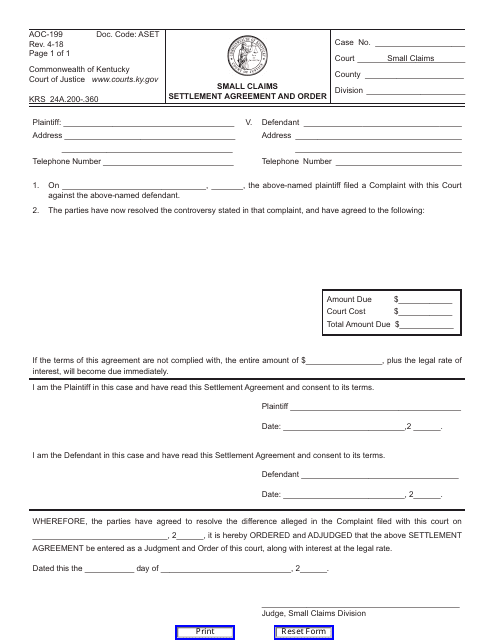 Form AOC-199 Small Claims Settlement Agreement and Order - Kentucky