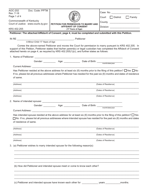 Form AOC-202 Petition for Permission to Marry and Affidavit of Consent (17 Years of Age) - Kentucky
