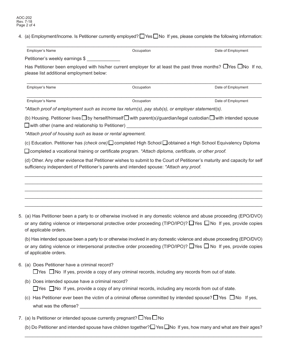Form AOC-202 Petition for Permission to Marry and Affidavit of Consent (17 Years of Age) - Kentucky, Page 2