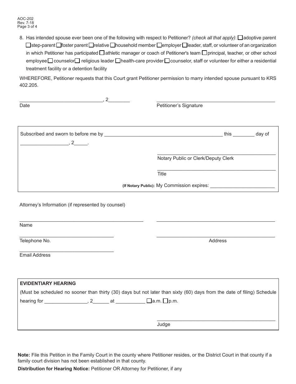 Form AOC-202 Petition for Permission to Marry and Affidavit of Consent (17 Years of Age) - Kentucky, Page 3