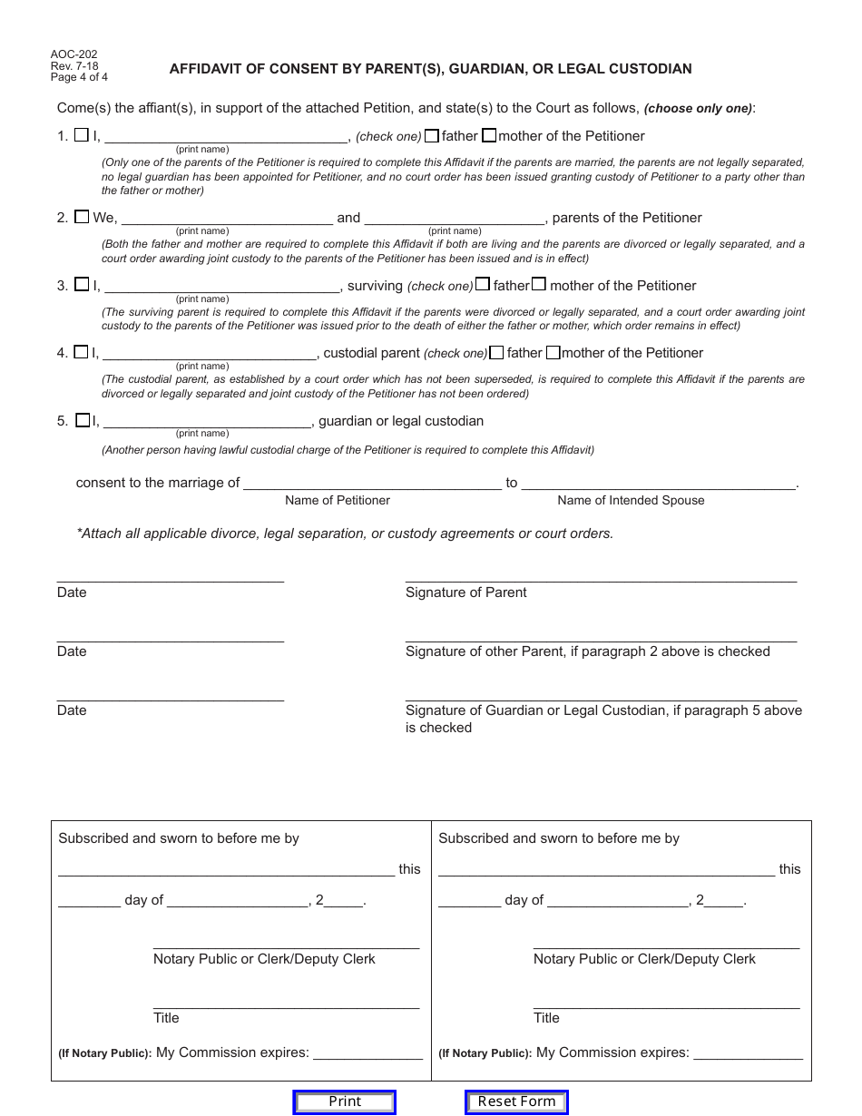 Form AOC-202 Petition for Permission to Marry and Affidavit of Consent (17 Years of Age) - Kentucky, Page 4