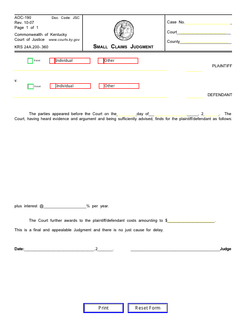 Form AOC-190  Printable Pdf