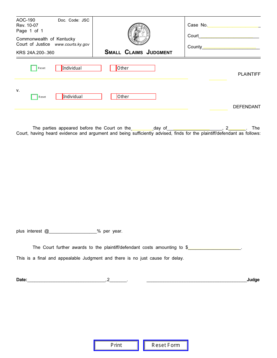 Form AOC-190 Small Claims Judgment - Kentucky, Page 1