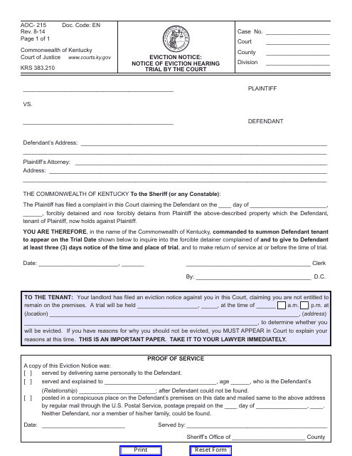 Form AOC-215 Eviction Notice: Notice of Eviction Hearing Trial by the Court - Kentucky