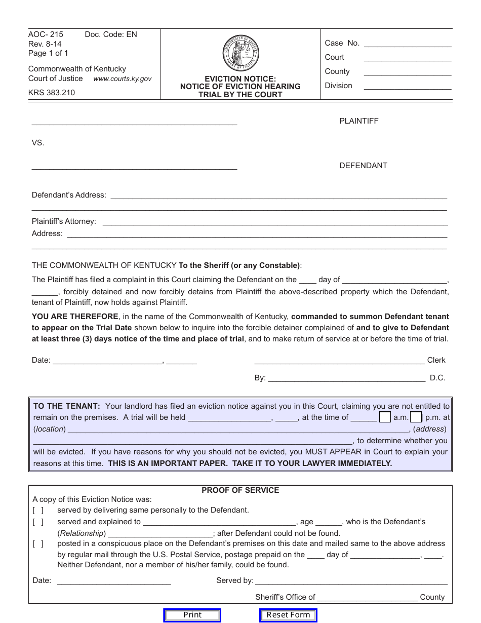 Form AOC-215 Eviction Notice: Notice of Eviction Hearing Trial by the Court - Kentucky, Page 1