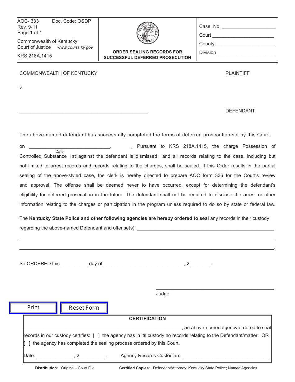Form AOC-333 Order Sealing Records for Successful Deferred Prosecution - Kentucky, Page 1