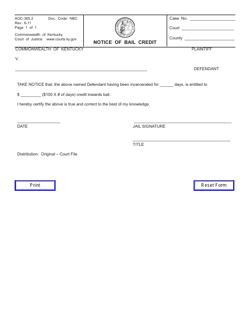 Form AOC-365.2 Notice of Bail Credit - Kentucky