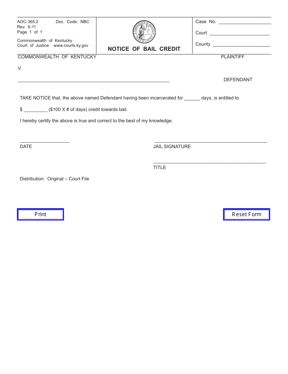 Form AOC-365.2 Notice of Bail Credit - Kentucky, Page 1