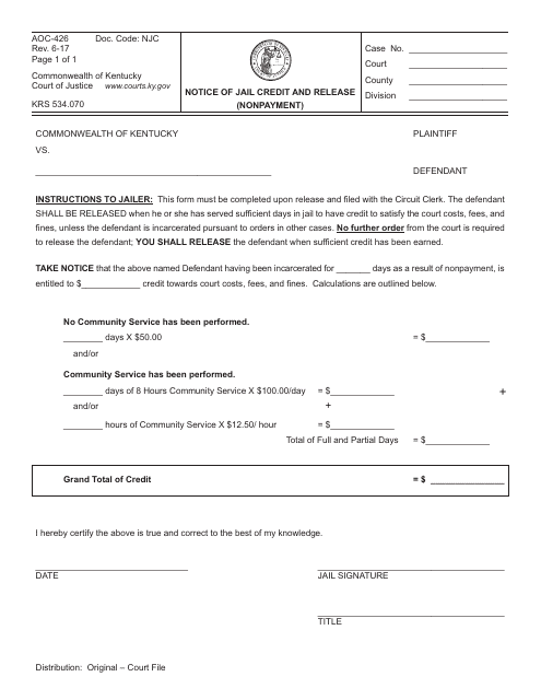 Form AOC-426 Notice of Jail Credit and Release (Nonpayment) - Kentucky