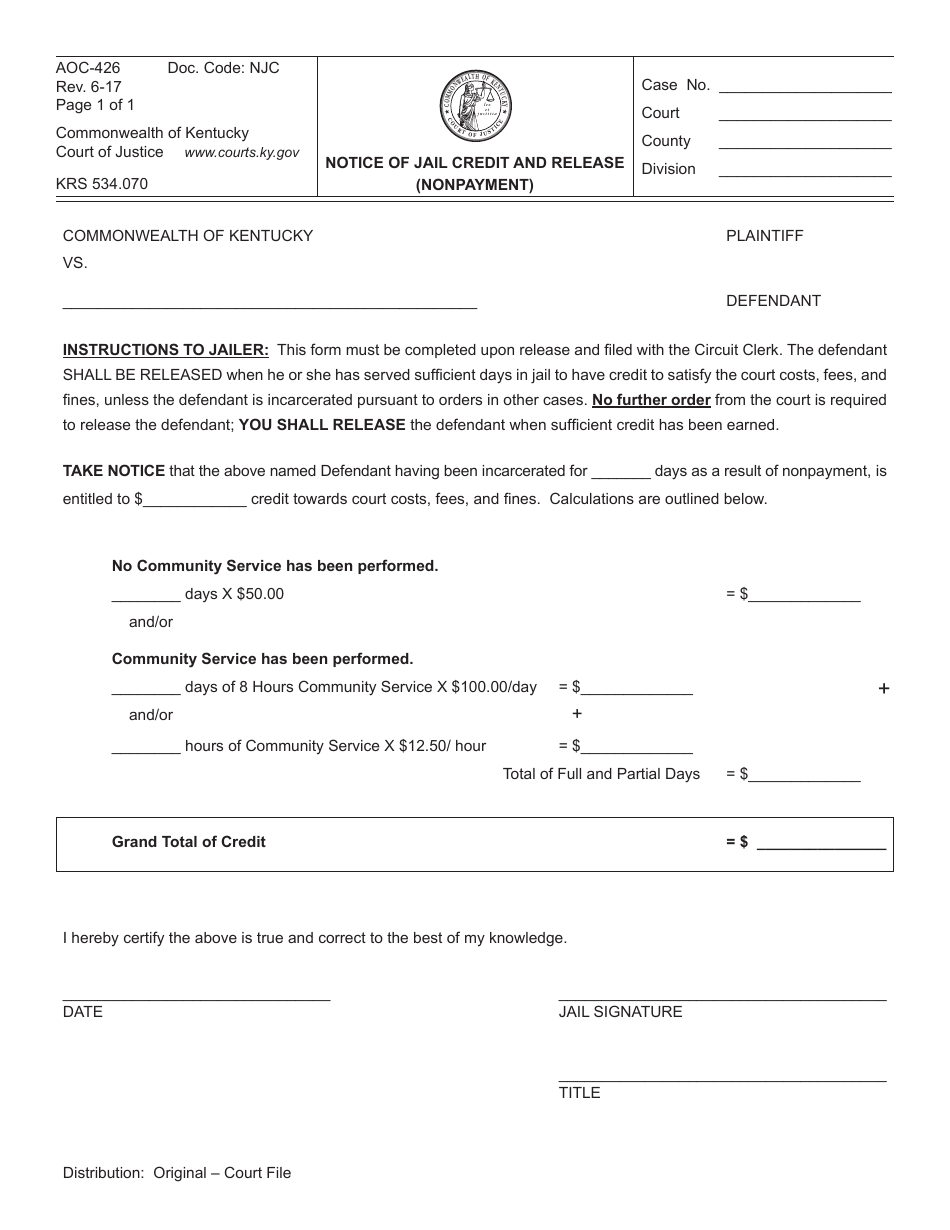 Form AOC-426 Notice of Jail Credit and Release (Nonpayment) - Kentucky, Page 1