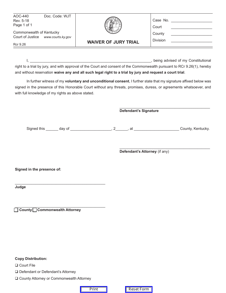 Form AOC-440 Waiver of Jury Trial - Kentucky, Page 1