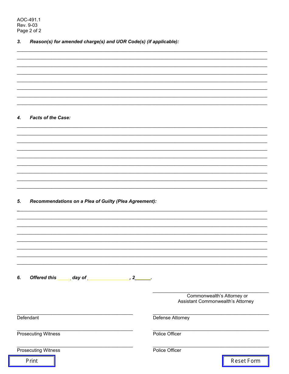 Form AOC-491.1 Commonwealths Offer on a Plea of Guilty - Kentucky, Page 2