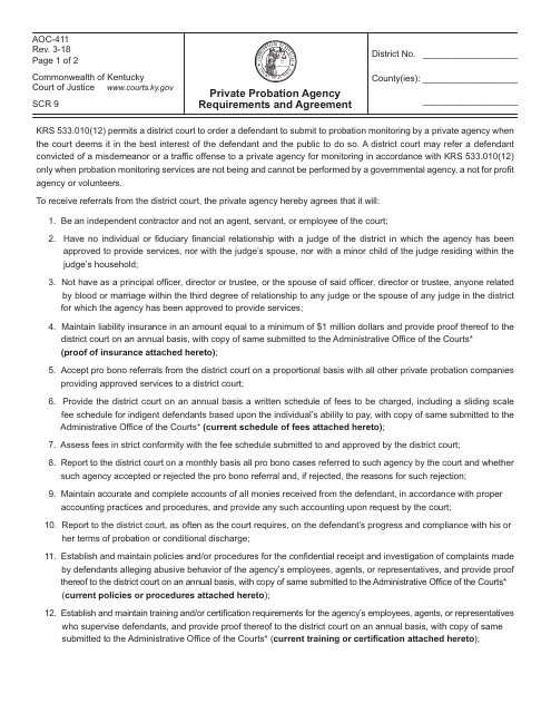Form AOC-411 Private Probation Agency Requirements and Agreement - Kentucky