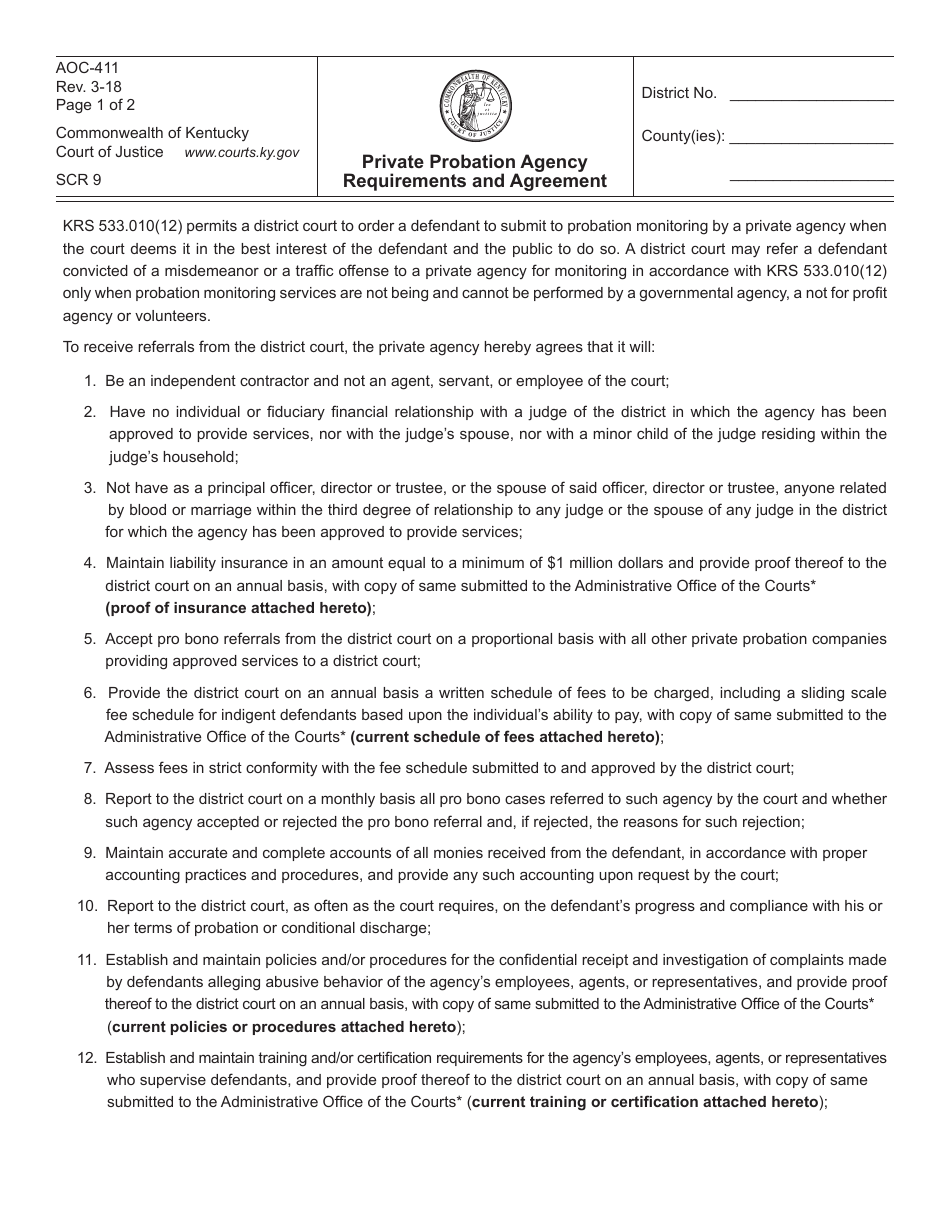 Form AOC-411 Private Probation Agency Requirements and Agreement - Kentucky, Page 1