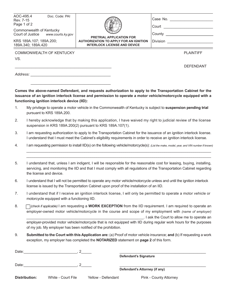 Form AOC-495.4 Pretrial Application for Authorization to Apply for an Ignition Interlock License and Device - Kentucky, Page 1