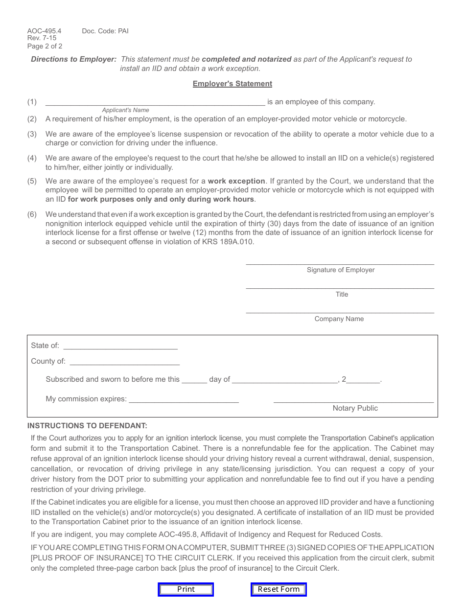 Form AOC-495.4 Pretrial Application for Authorization to Apply for an Ignition Interlock License and Device - Kentucky, Page 2