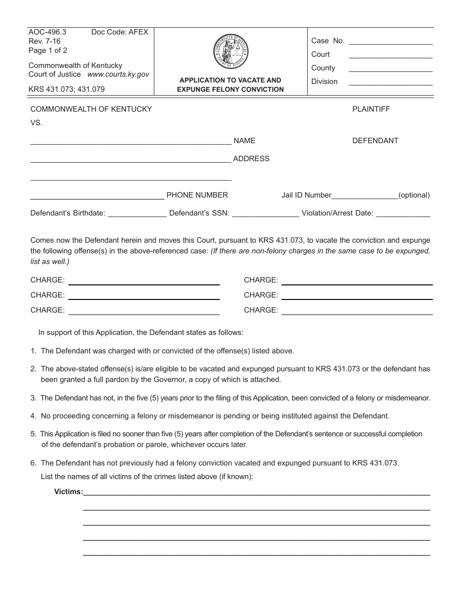 Form AOC-496.3 Application to Vacate and Expunge Felony Conviction - Kentucky, Page 1