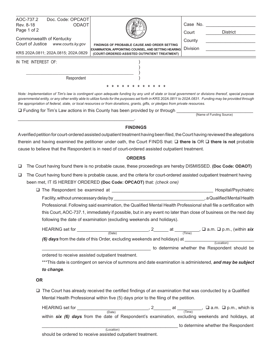 Form AOC-737.2 Findings of Probable Cause and Order Setting Examination, Appointing Counsel, and Setting Hearing (Court-Ordered Assisted Outpatient Treatment) - Kentucky, Page 1