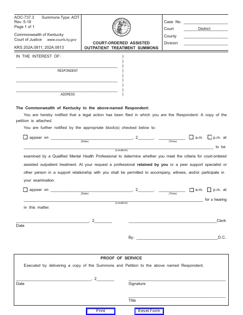 Form AOC-737.3 Court-Ordered Assisted Outpatient Treatment Summons - Kentucky