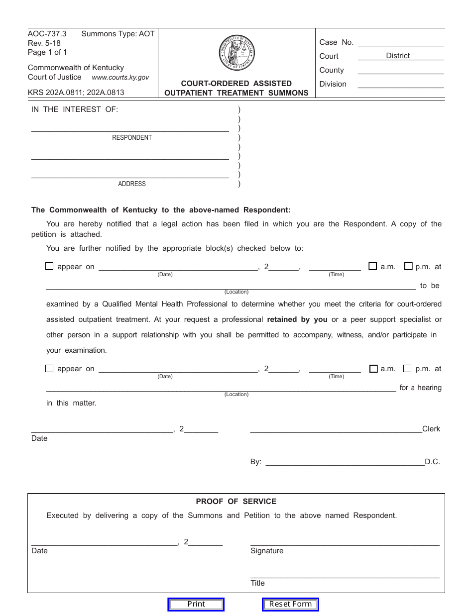Form AOC-737.3 Court-Ordered Assisted Outpatient Treatment Summons - Kentucky, Page 1