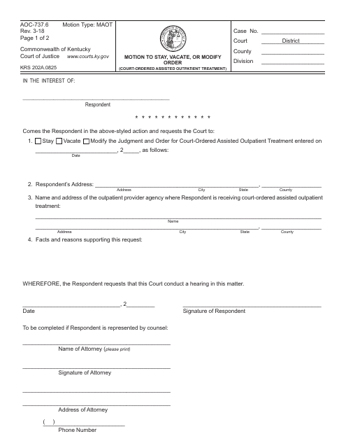 Form AOC-737.6 Motion to Stay, Vacate, or Modify Order (Court-Ordered Assisted Outpatient Treatment) - Kentucky