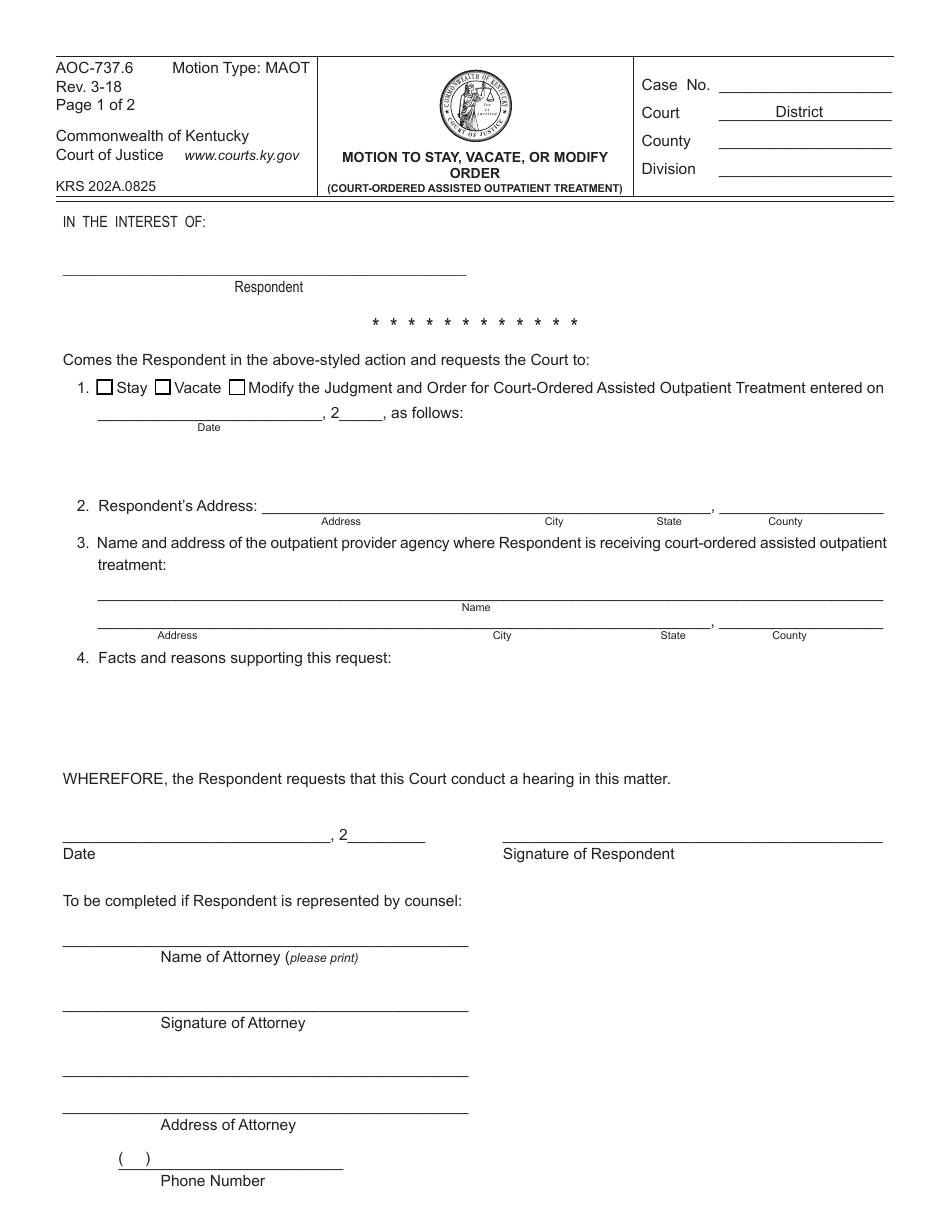 Form AOC-737.6 Motion to Stay, Vacate, or Modify Order (Court-Ordered Assisted Outpatient Treatment) - Kentucky, Page 1