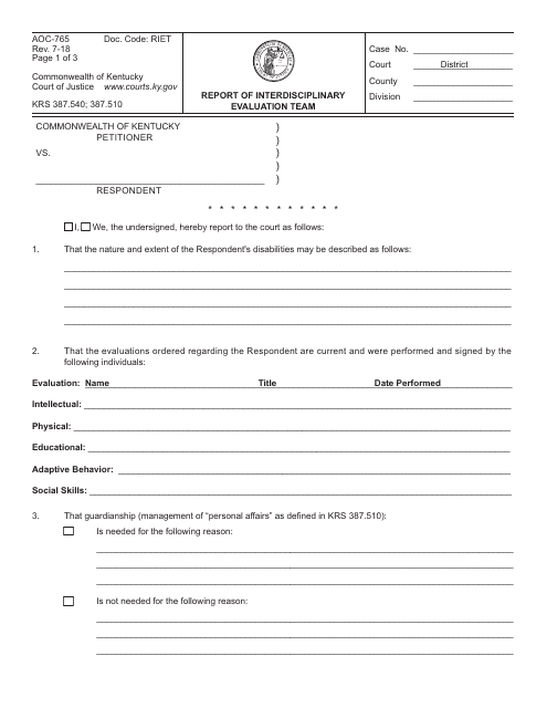 Form AOC-765 Report of Interdisciplinary Evaluation Team - Kentucky