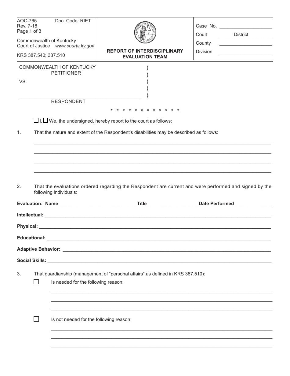 Form AOC-765 Report of Interdisciplinary Evaluation Team - Kentucky, Page 1
