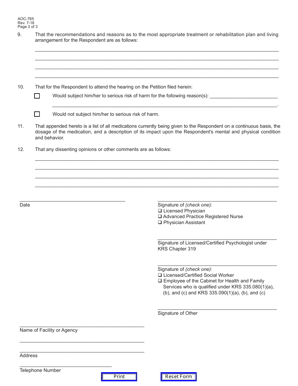 Form AOC-765 Report of Interdisciplinary Evaluation Team - Kentucky, Page 3