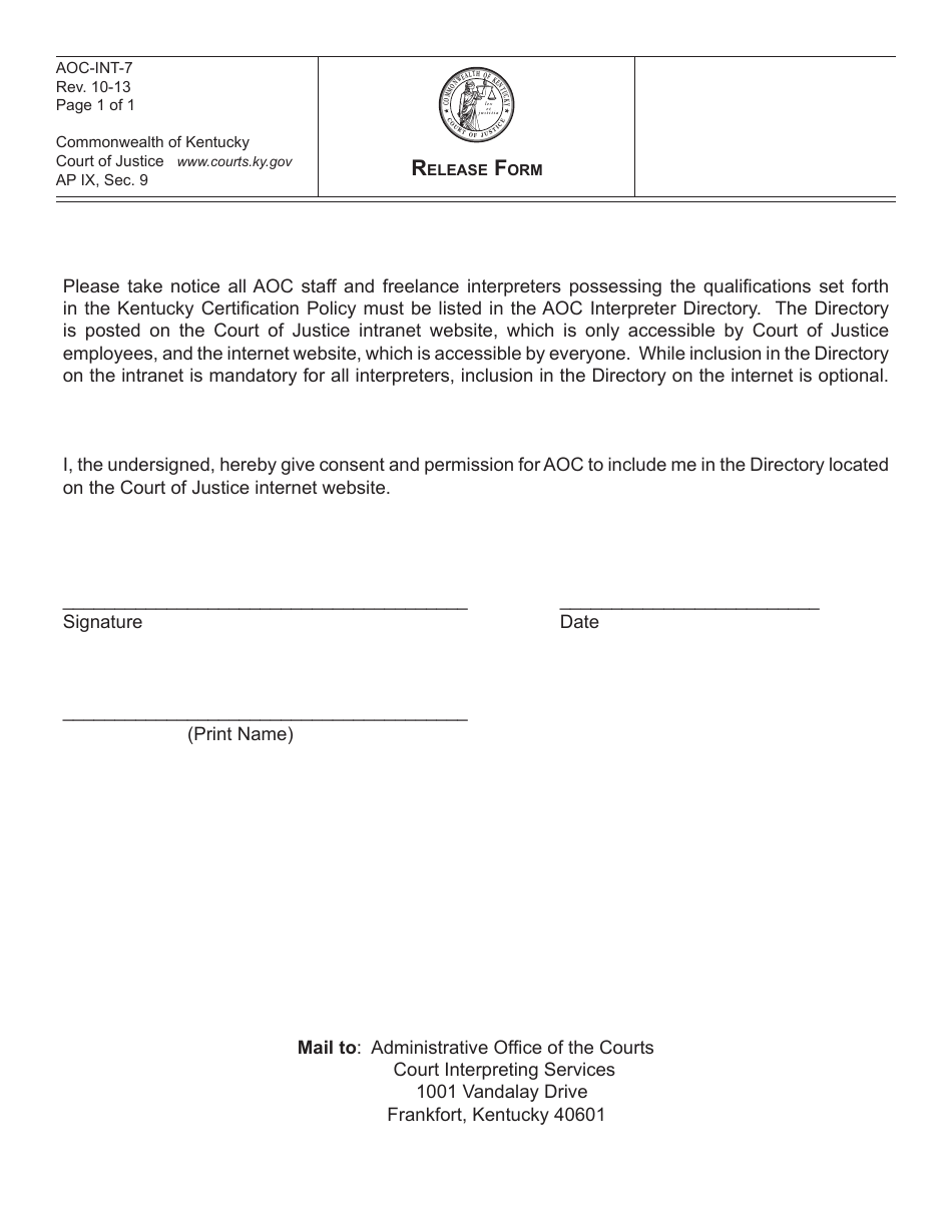 Form AOC-INT-7 Release Form - Kentucky, Page 1