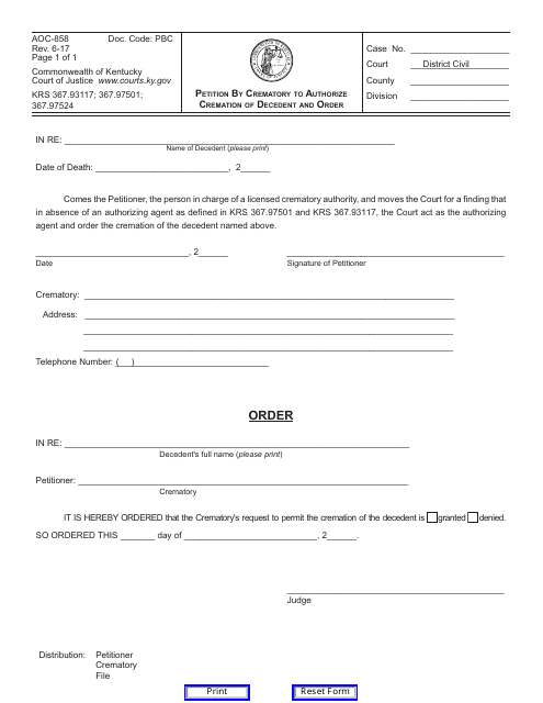 Form AOC-858 Petition by Crematory to Authorize Cremation of Decedent and Order - Kentucky