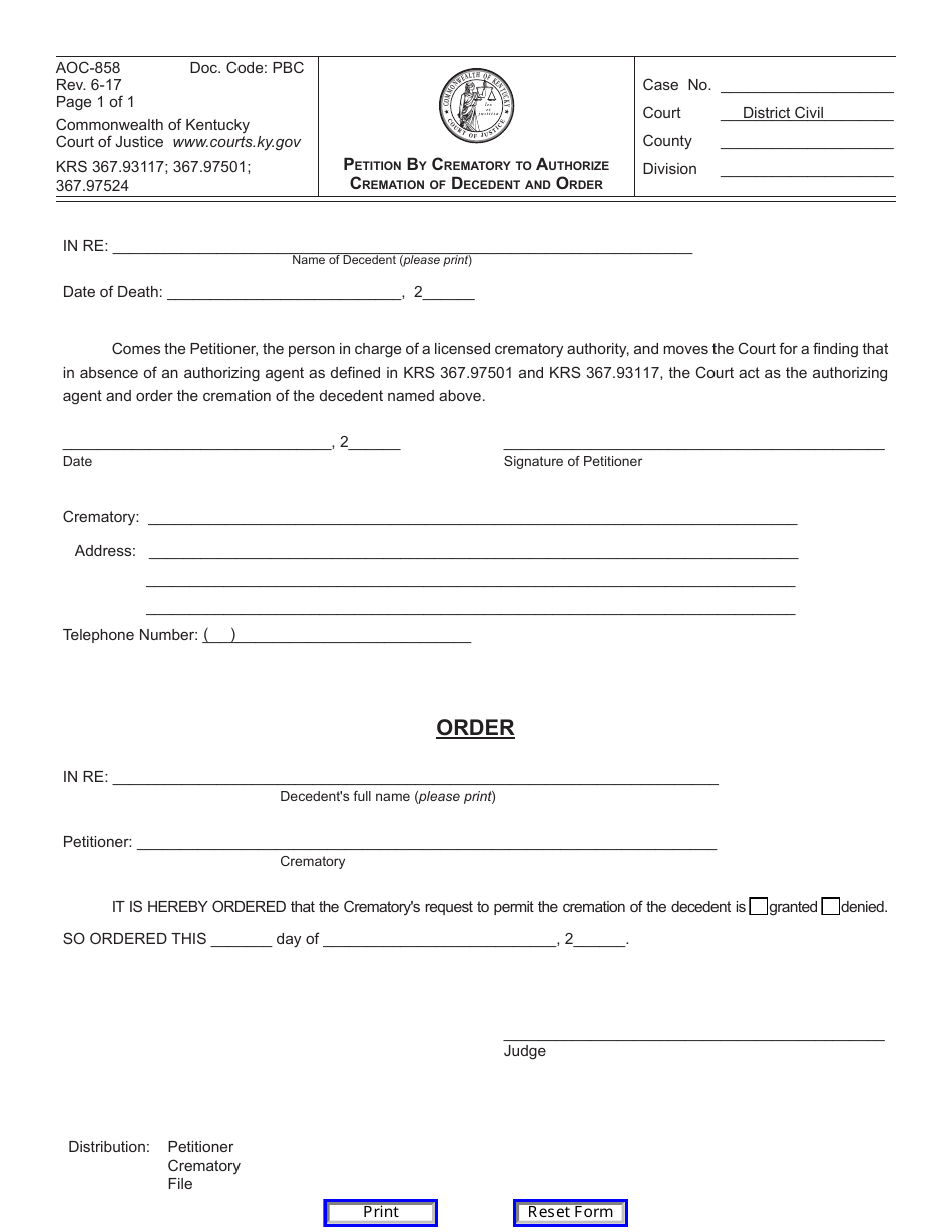 Form AOC-858 Petition by Crematory to Authorize Cremation of Decedent and Order - Kentucky, Page 1