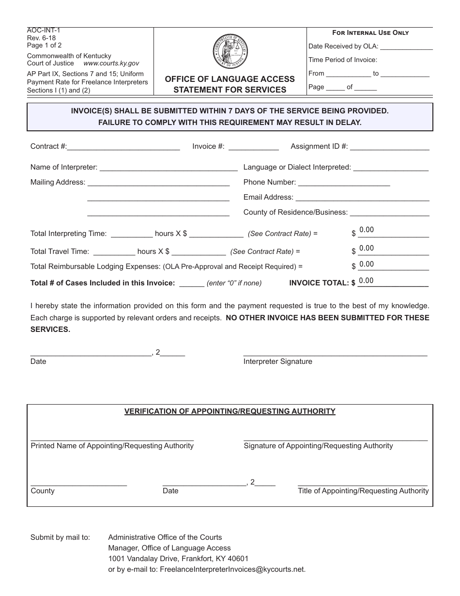 Form AOC-INT-1 Office of Language Access Statement for Services - Kentucky, Page 1