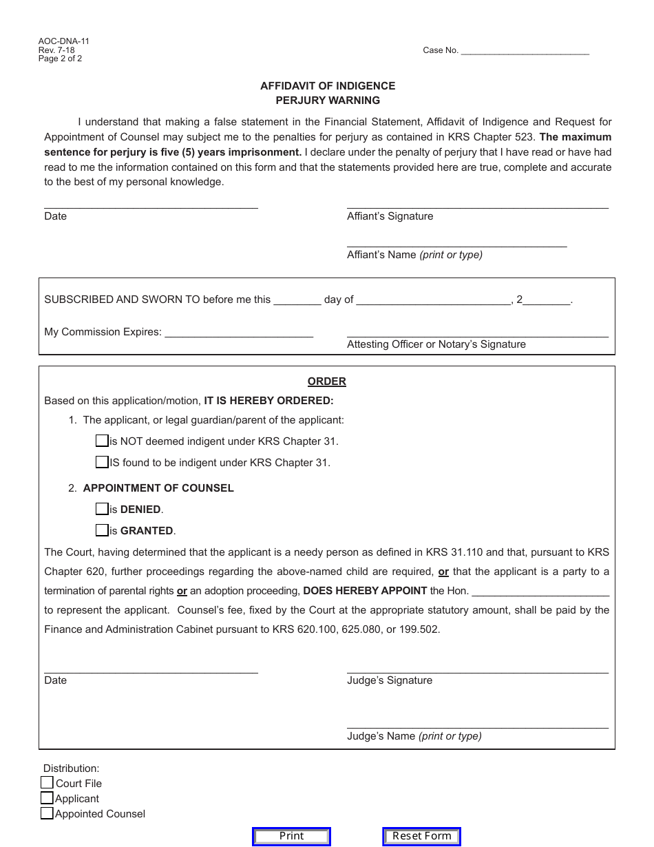 Form AOC-DNA-11 Financial Statement, Affidavit of Indigence, Request for Counsel and Order (Dna / Tpr / Adoption Cases) - Kentucky, Page 2