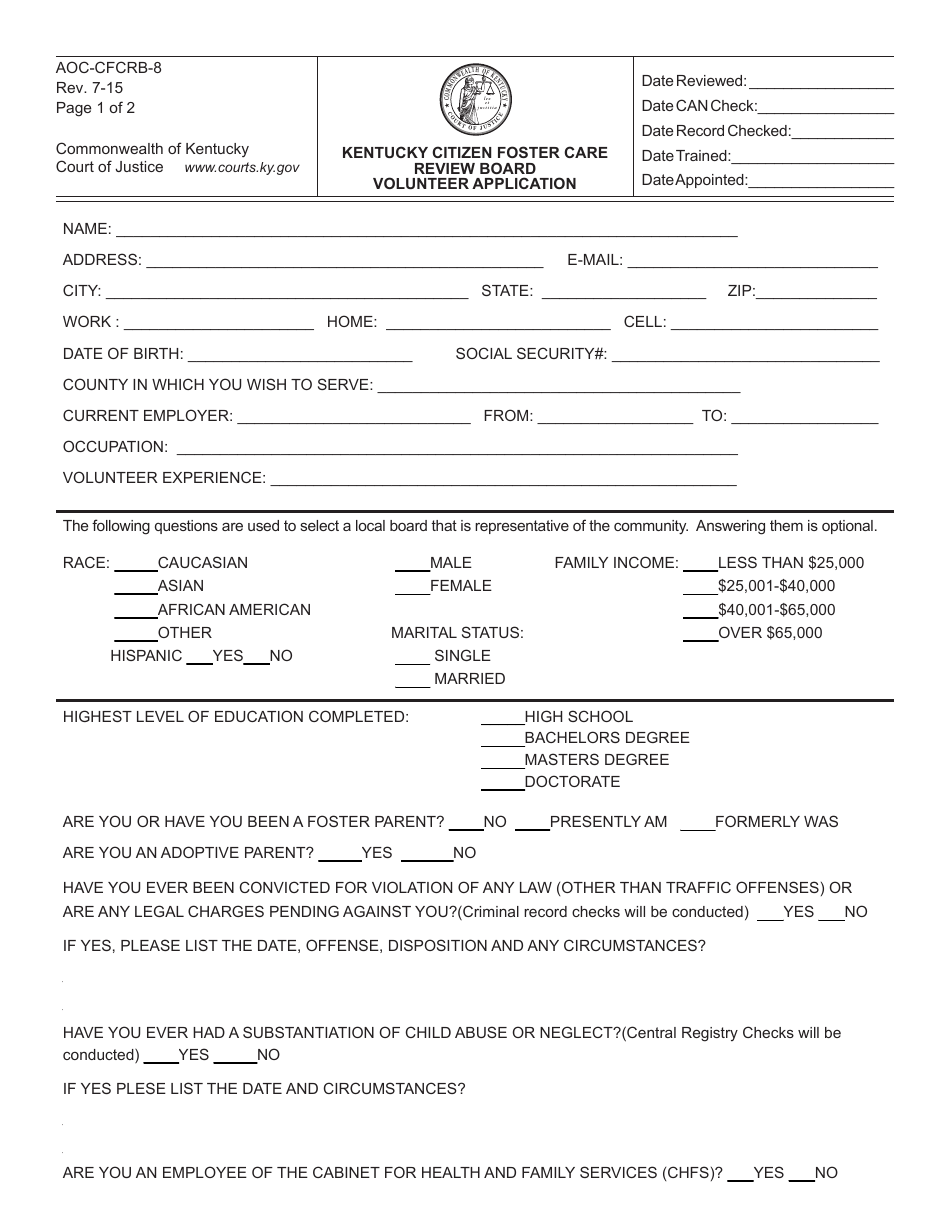 Form AOC-CFCRB-8 Kentucky Citizen Foster Care Review Board Volunteer Application - Kentucky, Page 1