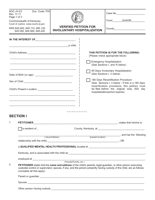 Form AOC-JV-23 Verified Petition for Involuntary Hospitalization - Kentucky