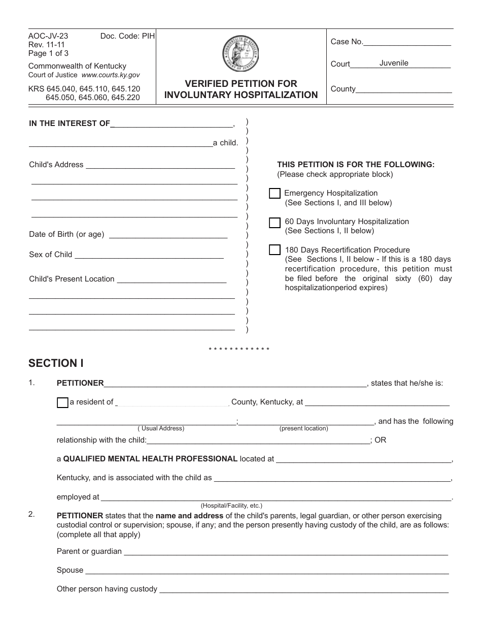 Form AOC-JV-23 Verified Petition for Involuntary Hospitalization - Kentucky, Page 1