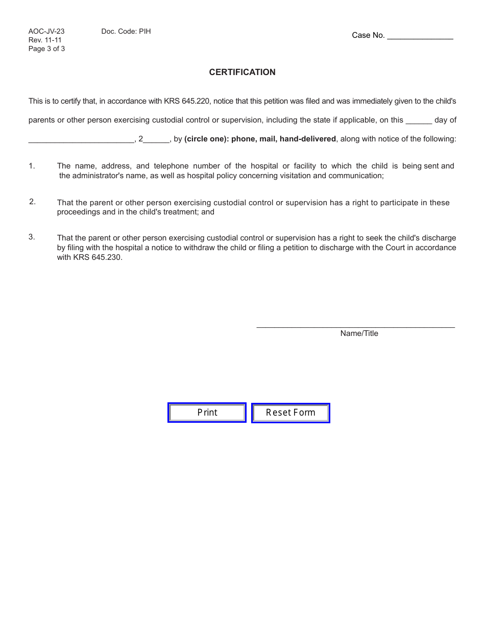 Form AOC-JV-23 Verified Petition for Involuntary Hospitalization - Kentucky, Page 3