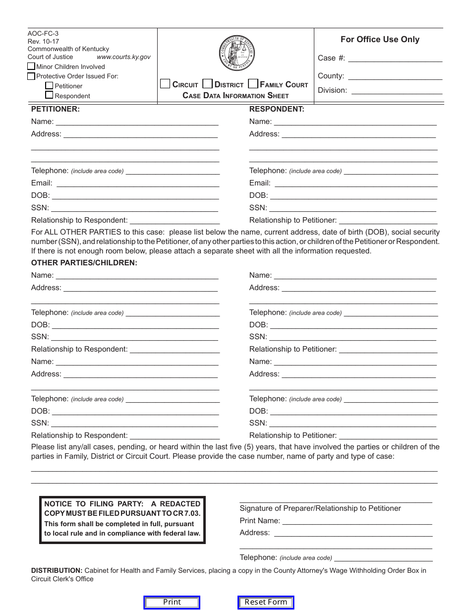 Form AOC-FC-3 Case Data Information Sheet - Kentucky, Page 1
