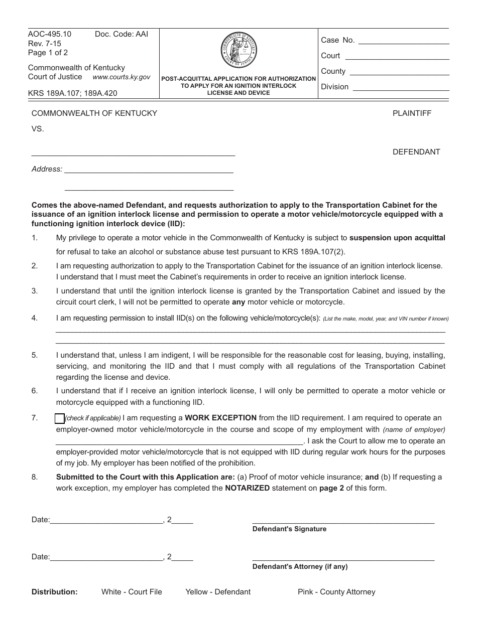 Form AOC-495.10 Post-acquittal Application for Authorization to Apply for an Ignition Interlock License and Device - Kentucky, Page 1